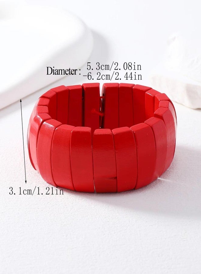 QRH Red Bohemian Wooden Beads Stretch Bracelet Multi-colored Wide Chunky Bangle Bracelets Red Wooden Beads Wristband Elastic Bangle Coconut Shell Bracelets Jewelry - Image 2